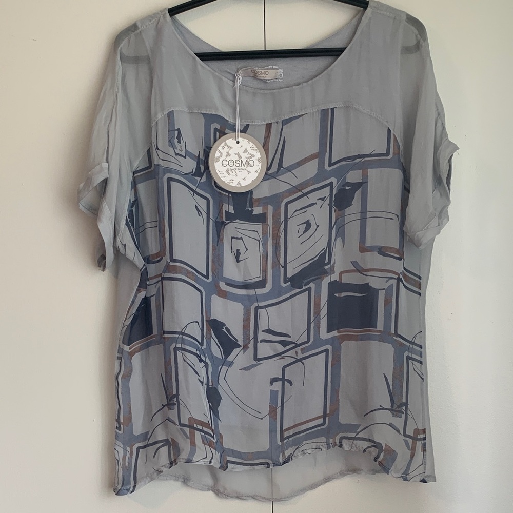 New Cosmo Made in Italy Light Blue Abstract Sheer Silk Lined Blouse Size Small